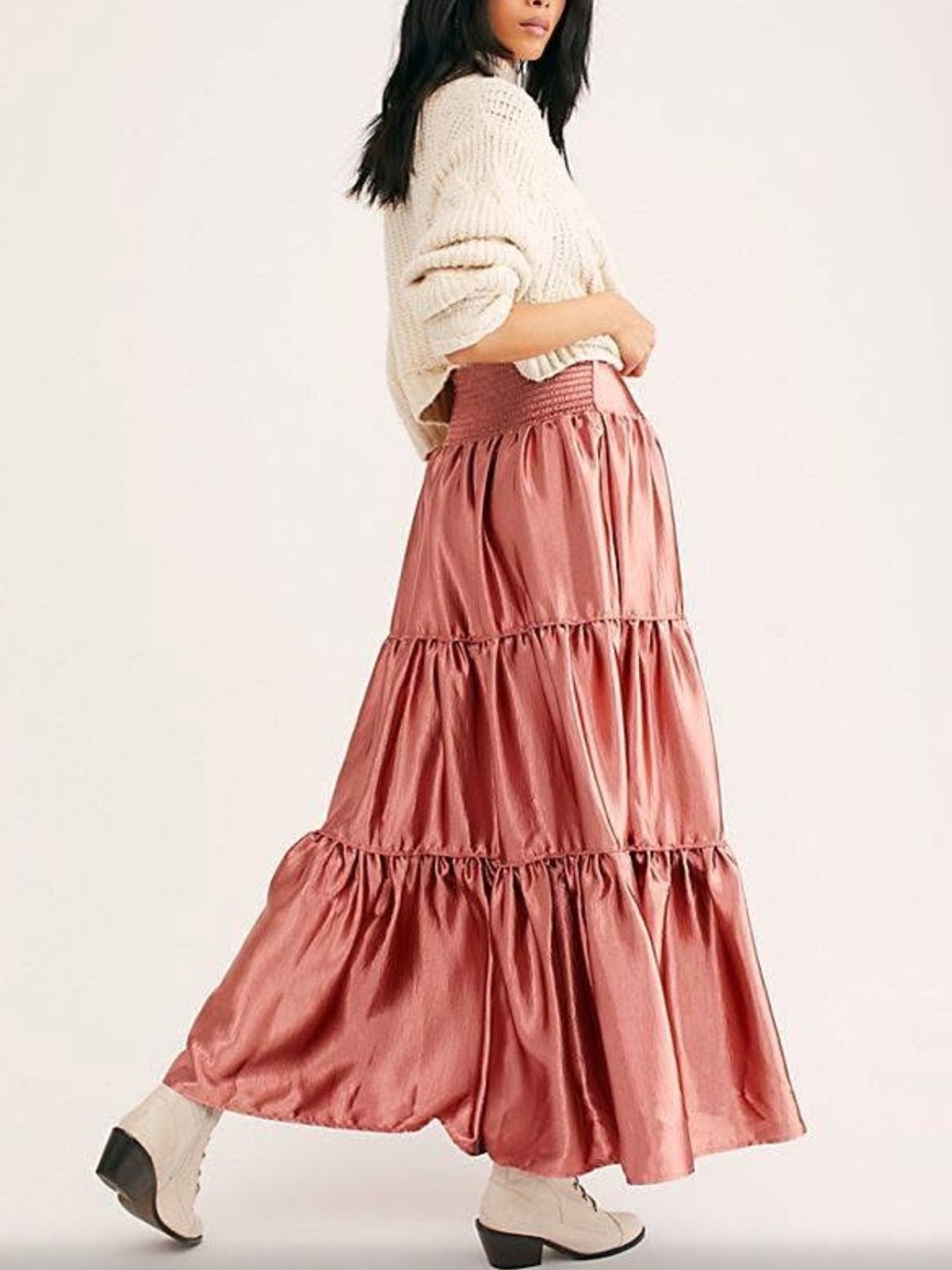 PHILOSOPHY Satin Tiered Maxi Skirt Bronze Copper Elastic Waist Womens Medium